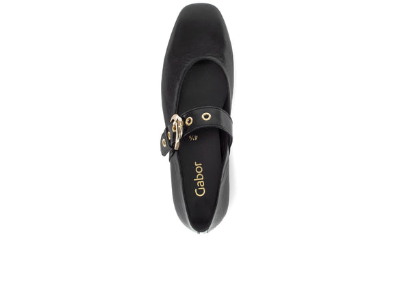 Gabor 74.144.20, flat Black shoe with god buckle on white background. 