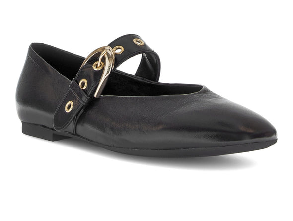 Gabor 74.144.20, flat Black shoe with god buckle on white background. 