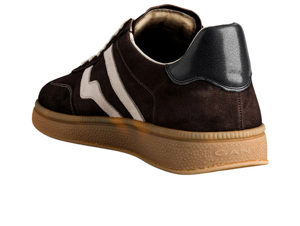 Gant Cuzmo 871633011 - Deep Brown suede sneaker with white stripes and laces, rubber sole on a white background back view