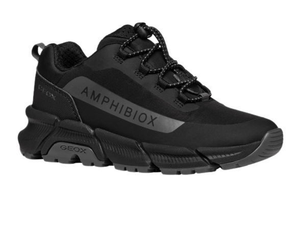 Geox J46LCC Flexyper Plus Abx - Black Black  amphibiox laced sneaker on a white background