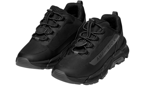 Geox J46LCC Flexyper Plus Abx - Black laced sneakers with 'AMPHIBIOX' branding on a white background