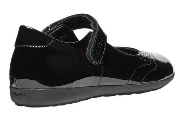 Geox J46MDG Iberide - Black patent Mary Jane school shoe on white background back view