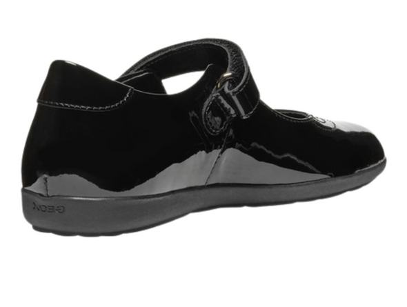 Geox J46MDG Iberide - Black patent Mary Jane school shoe on white background back view