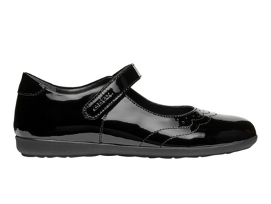 Geox J46MDG Iberide - Black patent Mary Jane school shoe on white background