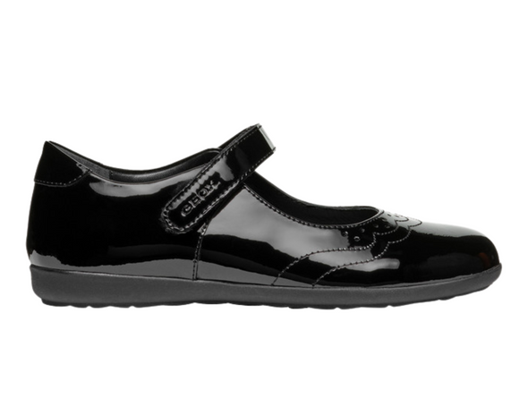 Geox J46MDG Iberide - Black patent Mary Jane school shoe on white background
