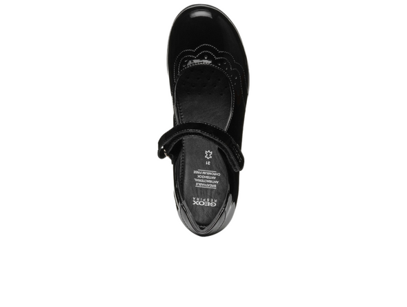 Geox J46MDG Iberide - Black patent Mary Jane school shoe on white background top view