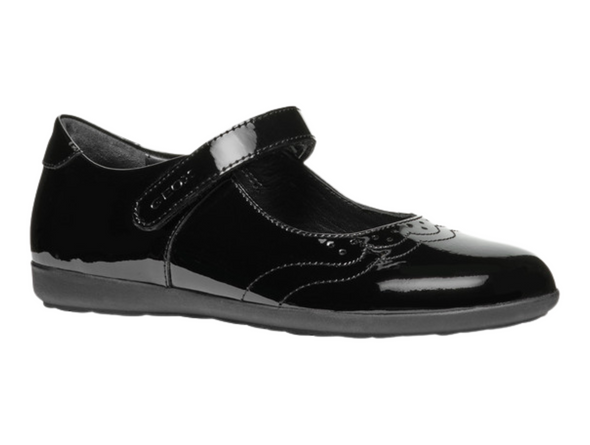 Geox J46MDG Iberide - Black patent Mary Jane school shoe with velcro strap on white background upper view