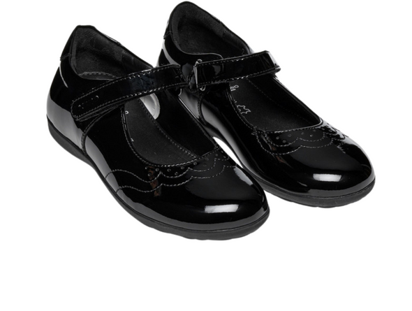 Geox J46MDG Iberide - pair of Black patent Mary Jane school shoe on white background