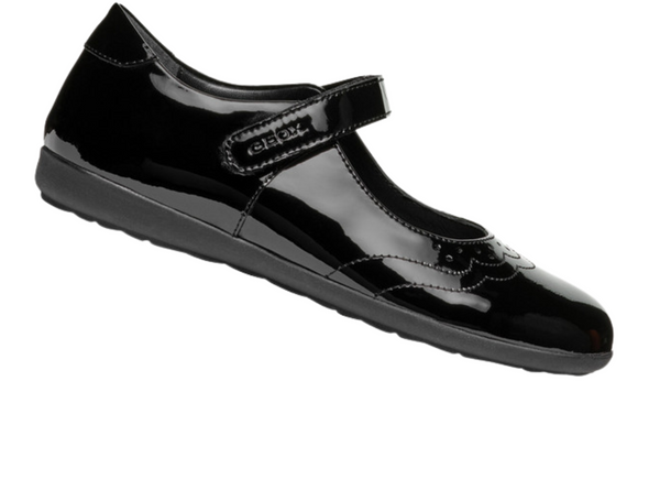 Geox J46MDG Iberide - Black patent Mary Jane school shoe on white background upper view 