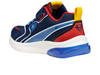 Geox J56LBD 05411 Junior Superman themed shoe in Blue Red with a Velcro strap and elasticated laces on a white background back inner view