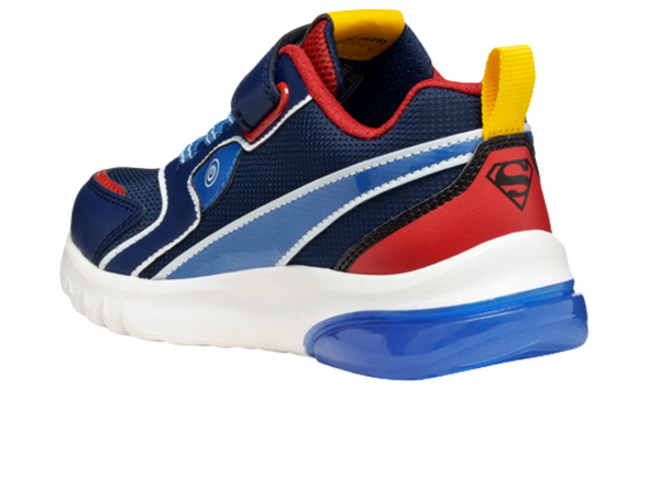 Geox J56LBD 05411 Junior Superman themed shoe in Blue Red with a Velcro strap and elasticated laces on a white background back inner view