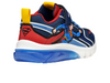 Geox J56LBD 05411 Junior Superman themed shoe in Blue Red with a Velcro strap and elasticated laces on a white background back view