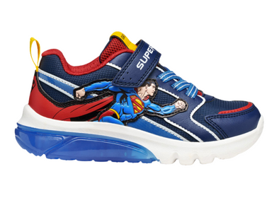 Geox J56LBD 05411 Junior Superman themed shoe in Blue Red with a Velcro strap and elasticated laces on a white background