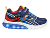 Geox J56LBD 05411 Junior Superman themed shoe in Blue Red with a Velcro strap and elasticated laces and light up sole on a white background