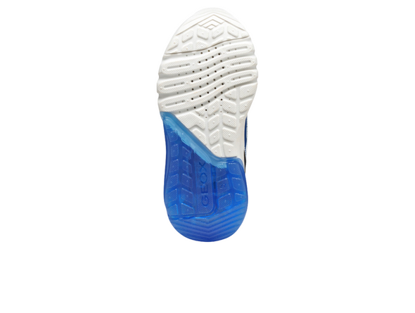 Geox J56LBD 05411 Junior Superman themed shoe in Blue Red with a Velcro strap and elasticated laces on a white background sole view
