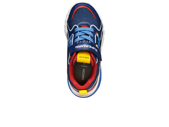 Geox J56LBD 05411 Junior Superman themed shoe in Blue Red with a Velcro strap and elasticated laces on a white background top view
