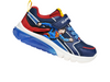 Geox J56LBD 05411 Junior Superman themed shoe in Blue Red with a Velcro strap and elasticated laces on a white background upper view