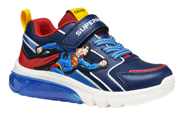 Geox J56LBD 05411 Junior Superman themed shoe in Blue Red with a Velcro strap and elasticated laces on a white background upper view