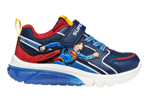 Geox J56LBD Ciberdron - Blue Red superman themed boys shoe on white background