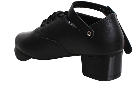 Goleen Featherflex Core GL50L - pair of Black Irish dancing jig shoes, laced with a strap back view