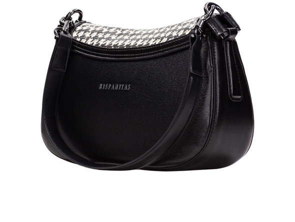 Hispanitas BI254150 Hand Bag - Black / White with houndstooth pattern and black leather sides on a white background back view