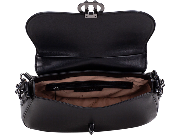 Hispanitas BI254150 Hand Bag - Black / White with houndstooth pattern and black leather sides on a white background top view