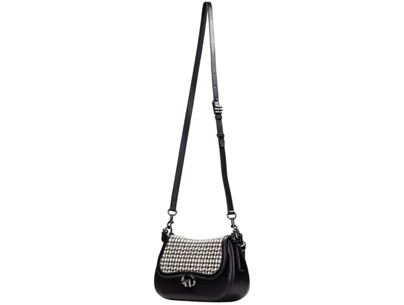 Hispanitas BI254150 Hand Bag - Black / White with houndstooth pattern and black leather sides on a white background full length view