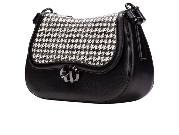 Hispanitas BI254150 Hand Bag - Black / White with houndstooth pattern and black leather sides on a white background