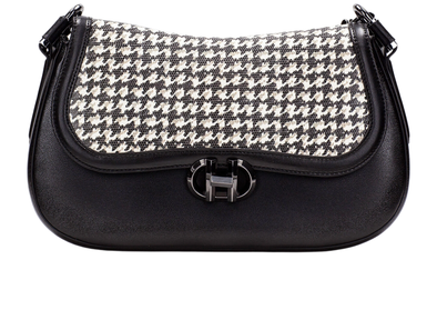 Hispanitas BI254150 Hand Bag - Black / White with houndstooth pattern and black leather sides on a white background