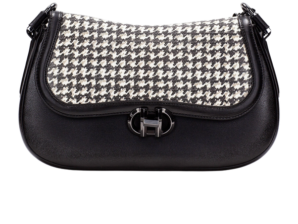 Hispanitas BI254150 Hand Bag - Black / White with houndstooth pattern and black leather sides on a white background