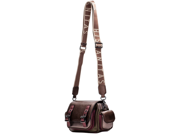 Hispanitas BI254327 Shoulder Bag - Multi Metallic satchel bag with purple accents on a white background full length view