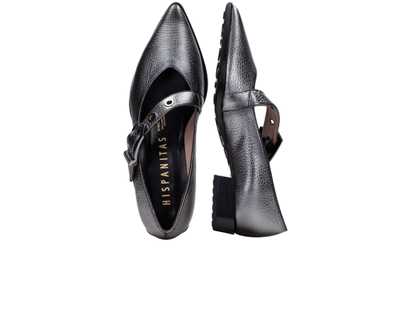 Pair of Hispanitas HI254196 Ballerina - Lead metallic silver shoes with a strap on a white background, featuring the brand 'Hispanitas'.