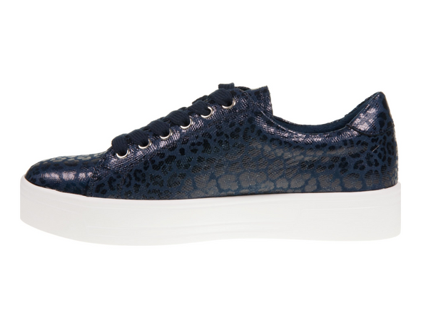 Lotus Charm DLB009 - sneakers in Navy leopard print with white sole on white background.