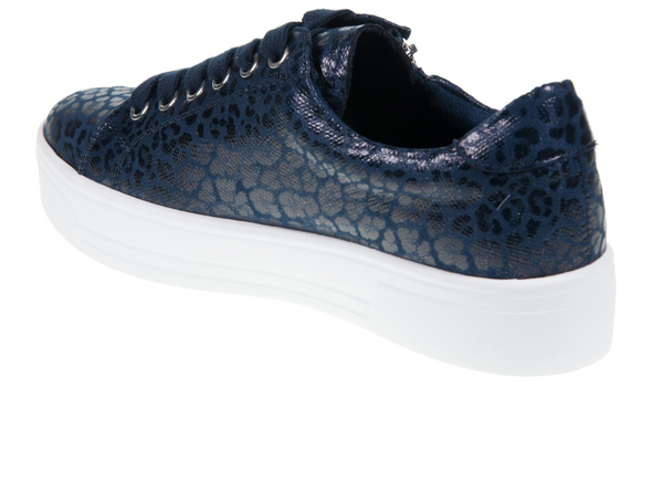 Lotus Charm DLB009 - sneakers in Navy leopard print with white sole on white background back view
