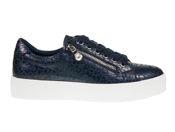 Lotus Charm DLB009 - sneakers in Navy leopard print with white sole on white background. 