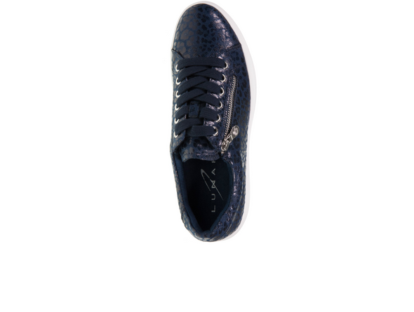 Lotus Charm DLB009 - sneakers in Navy leopard print with white sole on white background.