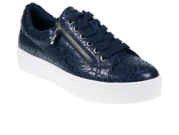 Lotus Charm DLB009 - sneakers in Navy leopard print with white sole on white background.