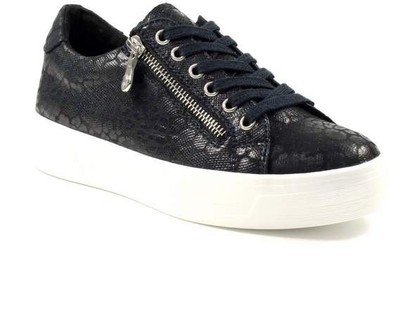 Lotus Charm DLB009 - Black laced leopard print sneaker with white sole on white background. 
