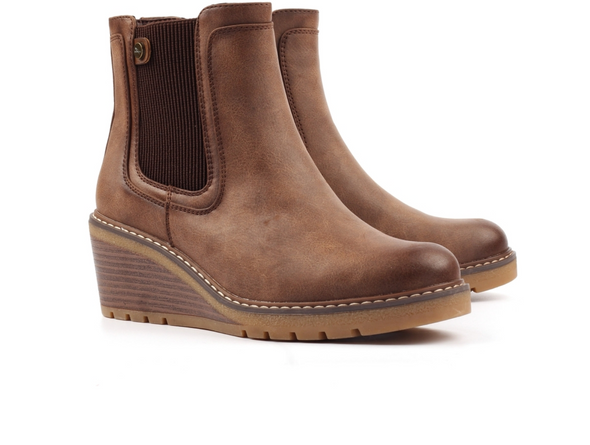 Lotus Connie GLC014 - Brown wedge ankle boot with elastic panels upper view on white background