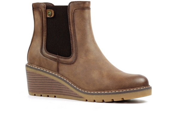Lotus Connie GLC014 - Brown wedge ankle boot with elastic panels, upper view on white background