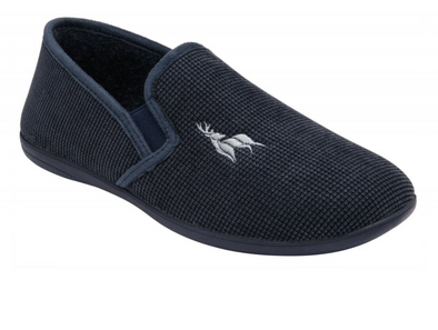 Lotus Davida UMH045 - Navy full shoe slipper with stag motif.
