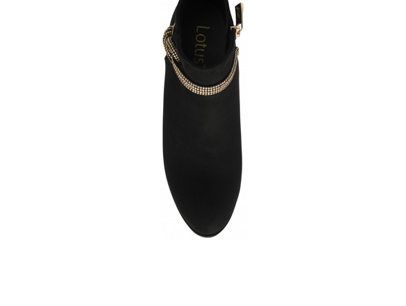 Lotus Tina ULB457 - Black ankle boot, suede effect with decorative know detail  around the ankle and a mirrored effect block heel o f6.5cm on white background top view