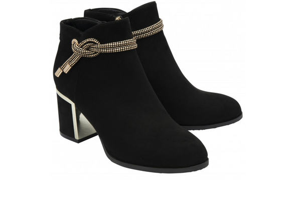 Lotus Tina ULB457 - Black ankle boot, suede effect with decorative know detail  around the ankle and a mirrored effect block heel o f6.5cm on white background upper view