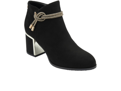 Lotus Tina ULB457 - Black ankle boot, suede effect with decorative know detail  around the ankle and a mirrored effect block heel o f6.5cm on white background