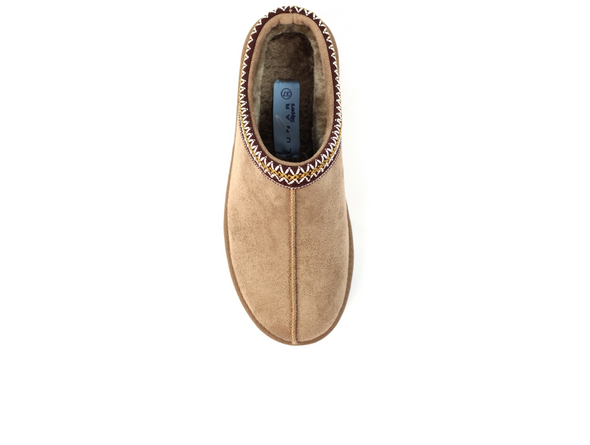 Lunar Nepal KLZ003 - Mink mule slipper with a geometric trim, top view on a white background.
