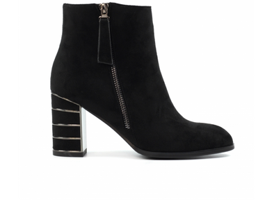 Lunar Switch GLR105 - Black zipped ankle boot with metallic accents on a medium block heel against a white background
