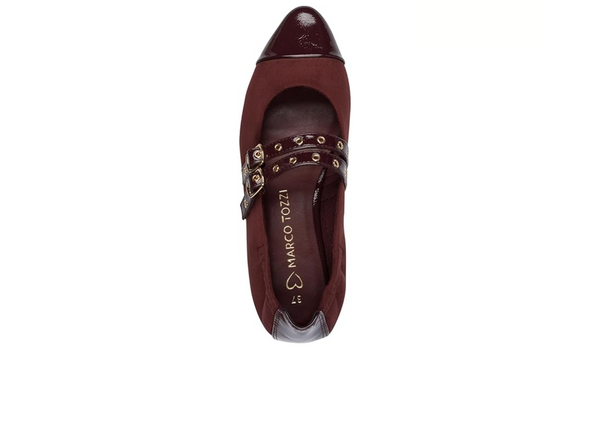Marco Tozzi 2-22107-45 - Bordeaux flat ballet style shoe with a patent capped pointed toe, double straps with gold buckles and eyelets on a white background top view