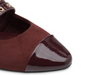 Marco Tozzi 2-22107-45 - Bordeaux flat ballet style shoe with a patent capped pointed toe, double straps with gold buckles and eyelets on a white background. 