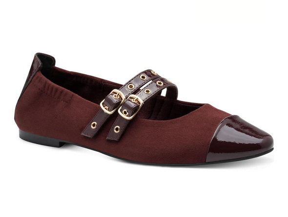 Marco Tozzi 2-22107-45 - Bordeaux flat ballet style shoe with a patent capped pointed toe, double straps with gold buckles and eyelets on a white background. 