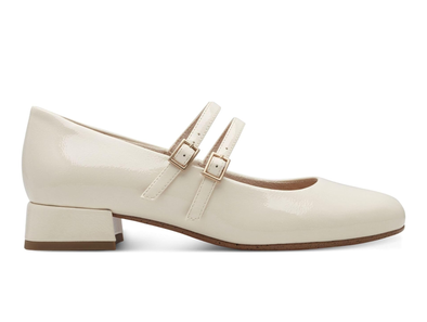 Marco Tozzi 2-22209-44 cream  patent Mary-Jane shoe with a double strap against a white background 